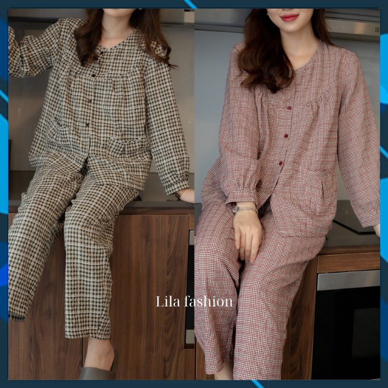 K47-Đồ bộ mặc nhà nữ LILA chất thô cotton mềm mịn mát, cổ tròn, tay dài quần dài có túi
