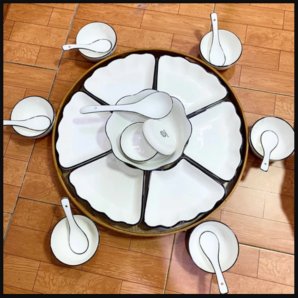 Bộ bát đĩa sứ 22 món, Bộ bát đĩa hoa mặt trời, Sét đĩa mặt trời màu trắng viền đen size 48cm