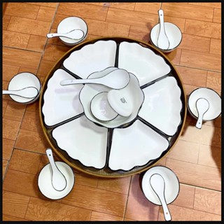 Bộ bát đĩa sứ 22 món, Bộ bát đĩa hoa mặt trời, Sét đĩa mặt trời màu trắng viền đen size 48cm