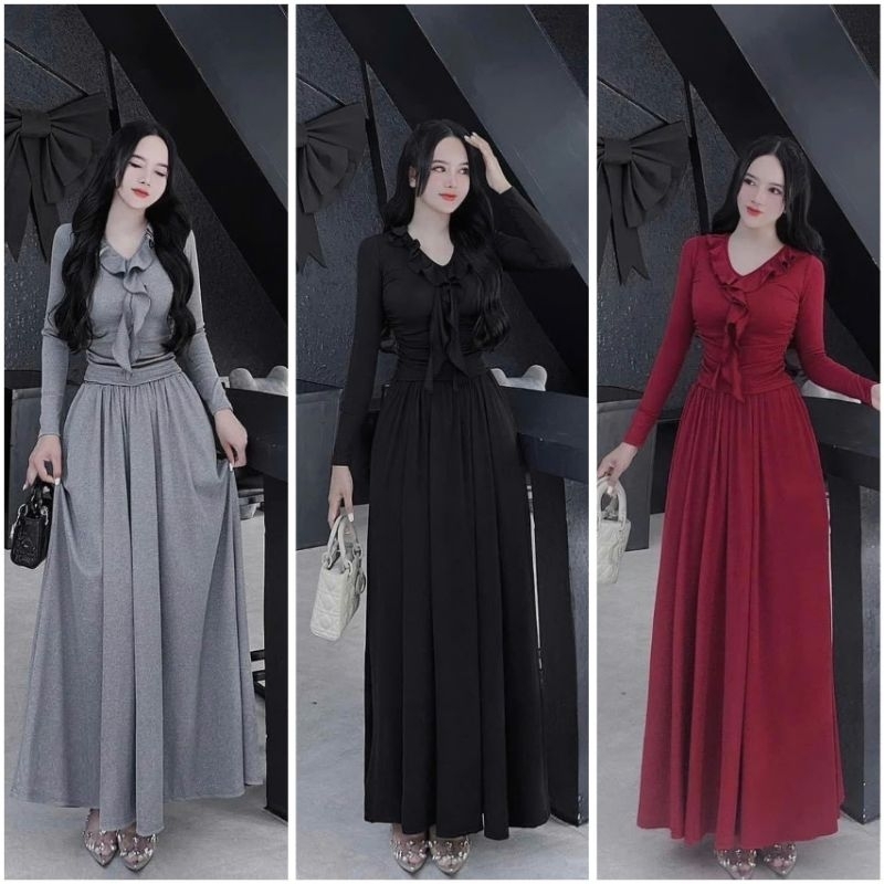 Sét váy maxi thun áo thiết kế tay dài cổ bèo cánh sen 3 màu G001