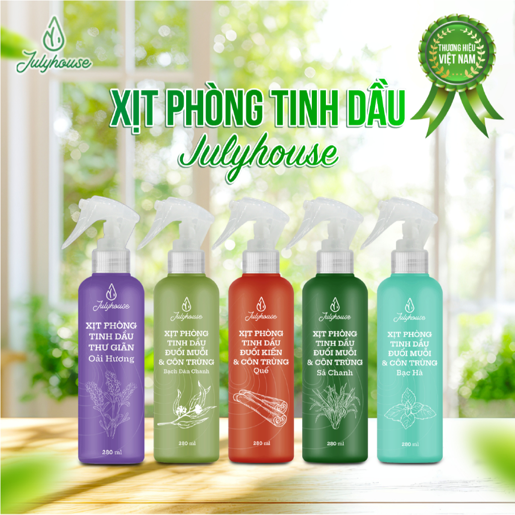 Xịt phòng tinh dầu JULYHOUSE – Hương sả chanh, bạc hà, bạch đàn, quế, lavender, sạch mùi, thư giãn