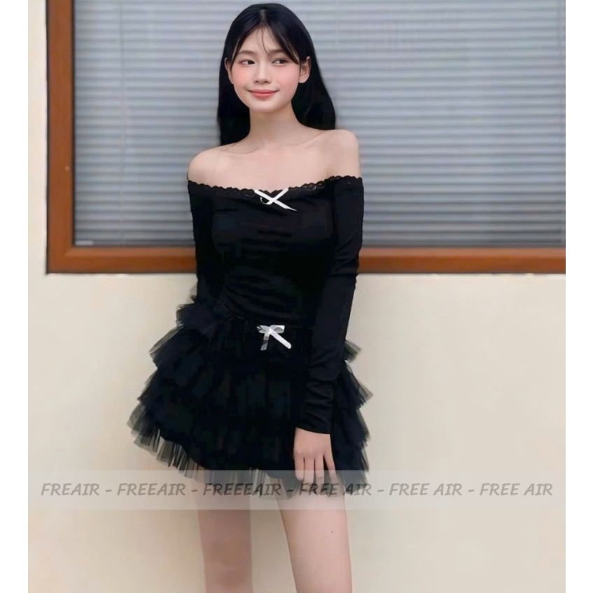 Áo kiểu nữ tay dài đính nơ phối ren Freeair Áo croptop trễ vai ôm body chất thun gân mềm mịn