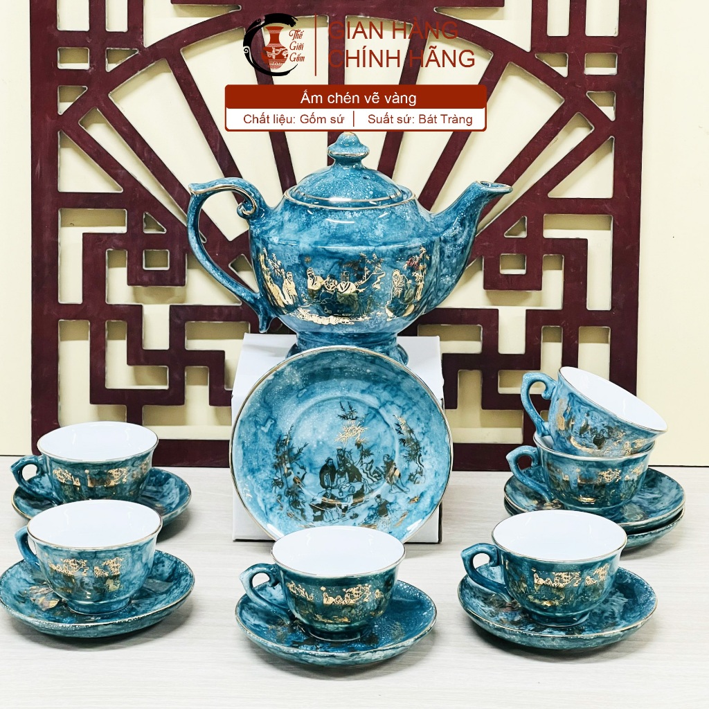 Ấm chén men màu vẽ vàng - Gốm sứ Bát Tràng cao cấp