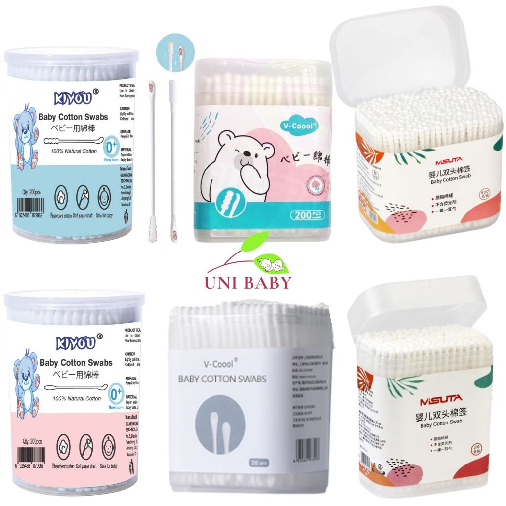 Tăm Bông Vcool Cho Bé Sơ Sinh Và Trẻ Em Hộp 200 Que 2 Đầu Dẹt Và Tròn, Thân Giấy Mềm Mại Date Mới