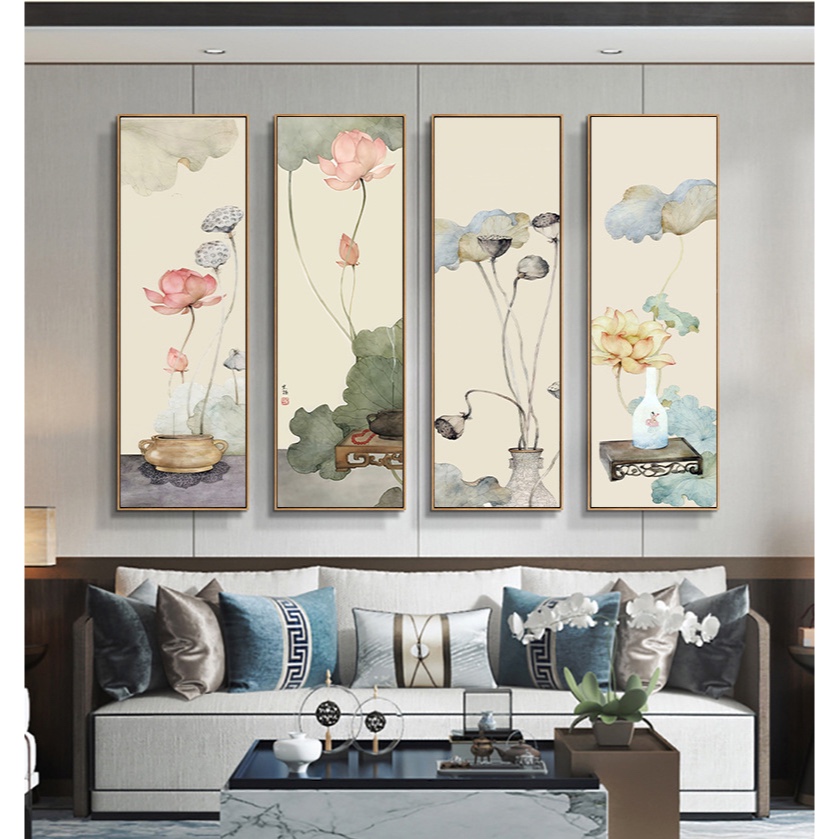 Bộ tứ quý hoa sen, tranh hoa sen treo phòng thờ, tranh hoa sen khổ dọc, tranh hoa sen treo tường, tranh canvas Printek