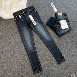 Quần jean bò nam Purple skinny trơn wash xanh đậm mài bạc kẻ vằn 4 cúc thêu mác lụa basic boy phố QJ631P