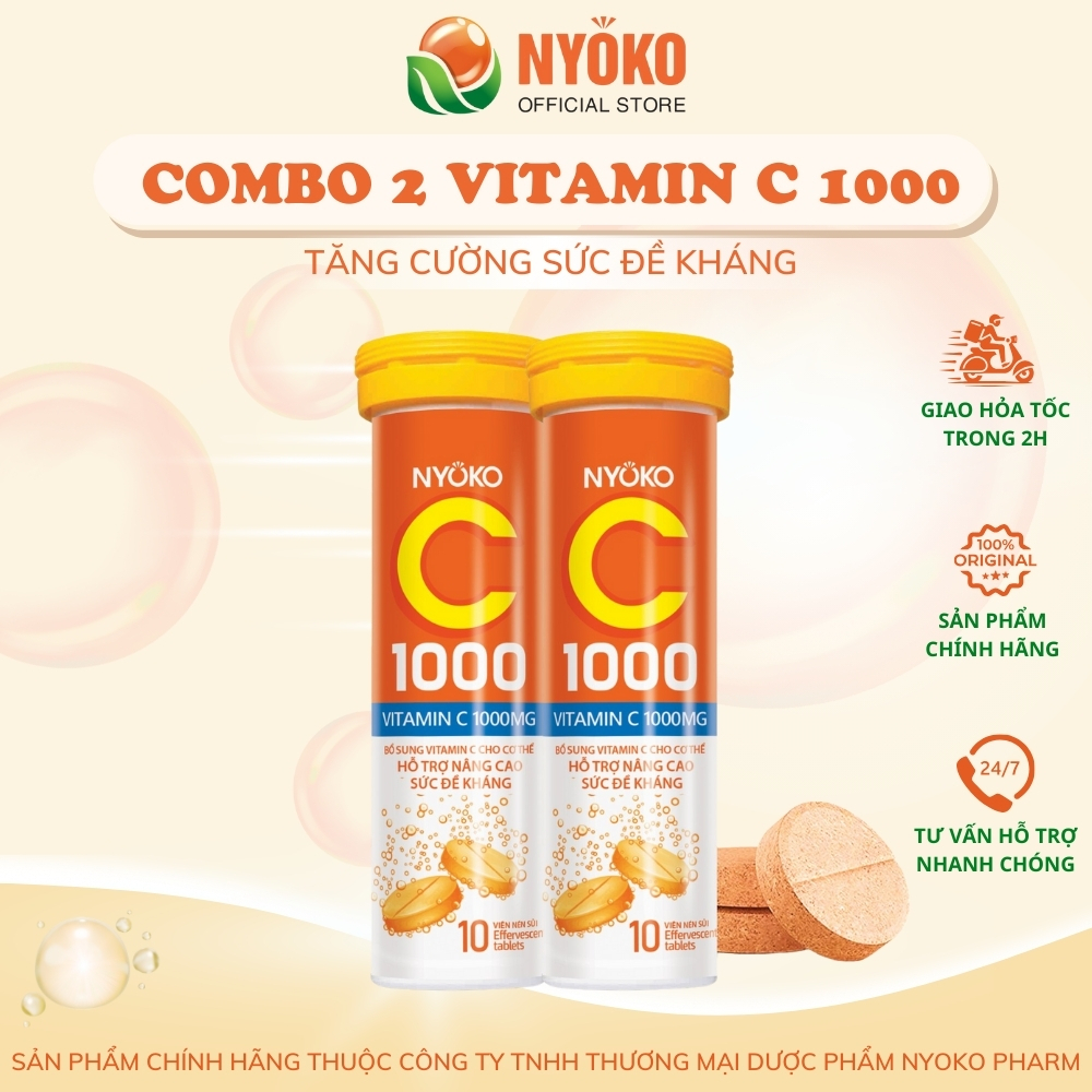 Combo 2 tuýp viên sủi vitamin C1000 hương cam tăng cường sức khỏe nâng cao đề kháng lọ 10 viên Nyoko