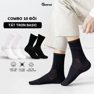 Hộp 10 đôi tất cao cổ GOMTAT mẫu trơn basic, vớ nam nữ chất cotton khử mùi êm chân - PRI-2505-CB10