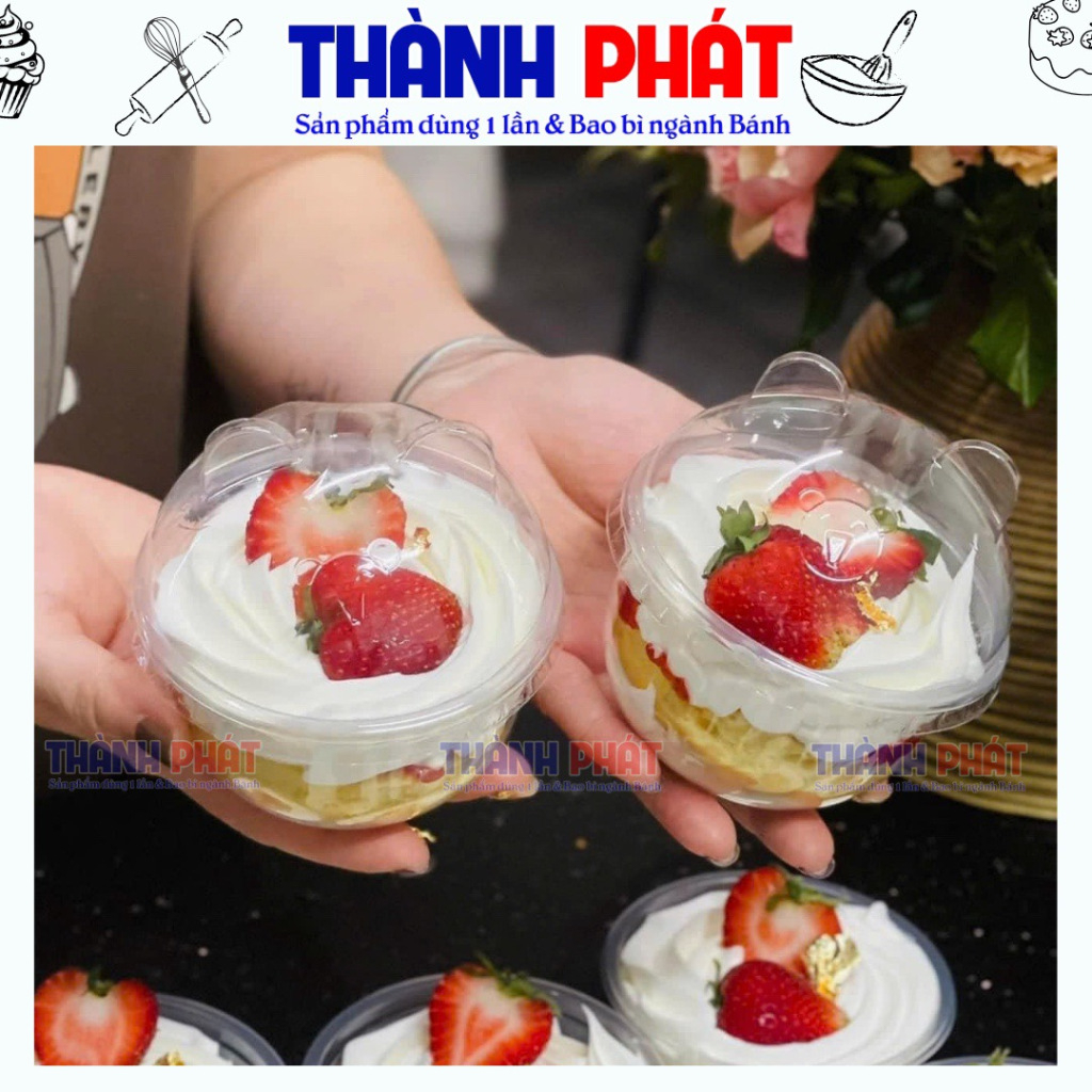 100 Ly mousse tròn 250ml nắp gấu đựng bánh lạnh - Ly nắp gấu 250ml đựng tiramisu - panna cotta - red