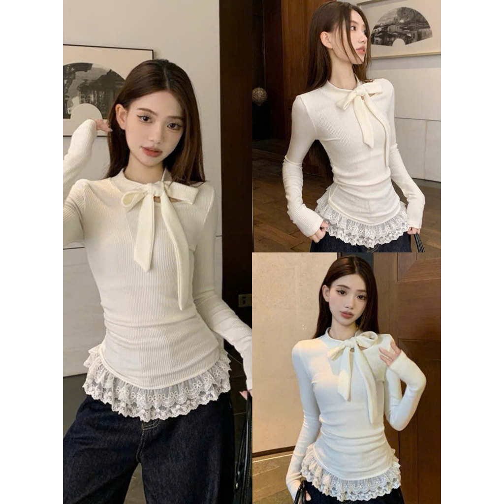 [ SẴN HÀNG - REN 2 LỚP] ÁO NỈ LÔNG DÀI TAY PHỐI VIỀN REN BUỘC NƠ CỔ HOTTREND - LYMZSTORE | BigBuy360 - bigbuy360.vn