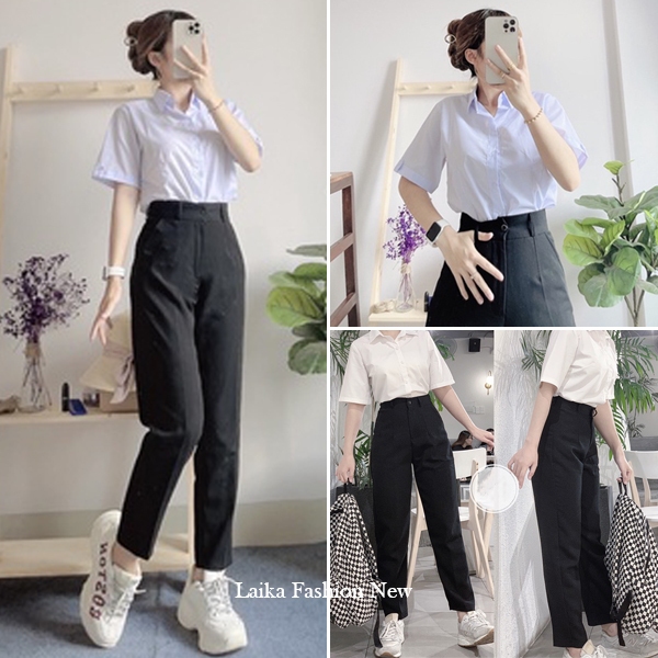 Quần tây nữ đi học lưng cao ống đứng suông dài cạp có đỉa màu Xanh Đen dáng quần baggy vải học sinh 