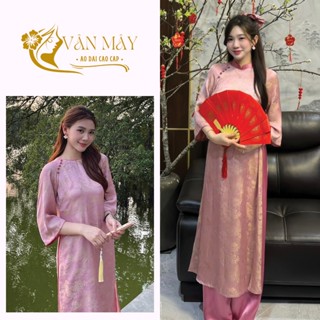 Áo dài cách tân 2 tà gấm Hoa Viên màu hồng trẻ trung phối viền thanh lịch nhẹ nhàng - Áo dài Vân Mây 