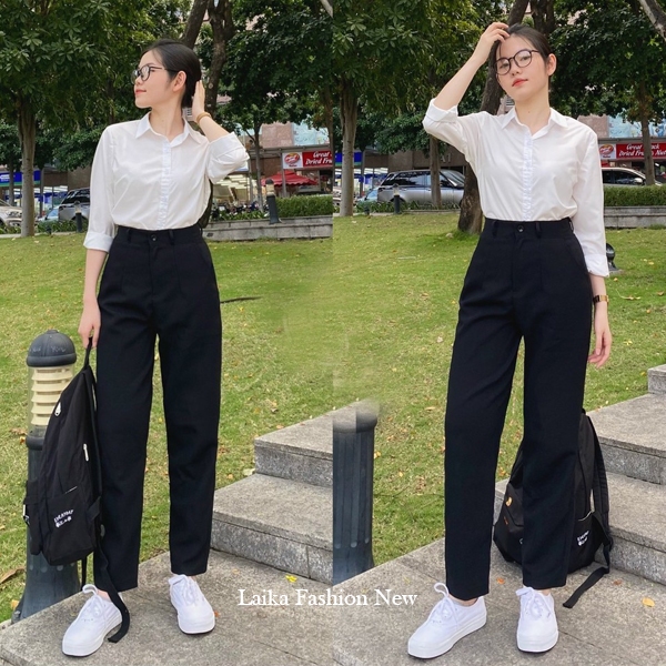 Quần tây học sinh đi học lưng cao ống suông dài màu Xanh Đen kiểu quần baggy vải dày nữ đi học cạp đ