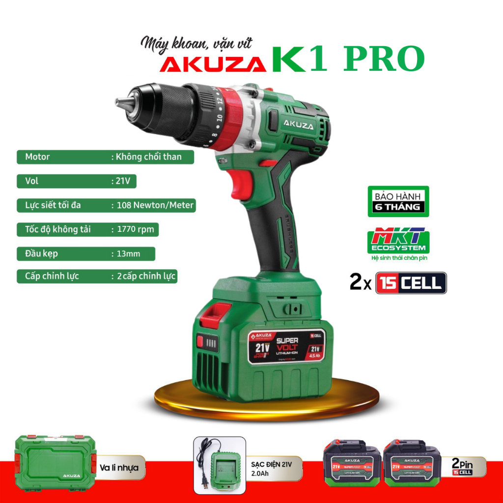 Máy Khoan Pin AKUZA K1 PRO Đầu Auto Lock 13mm - Khoan pin Không Chổi Than 2 pin 15 cell cao cấp bảo 