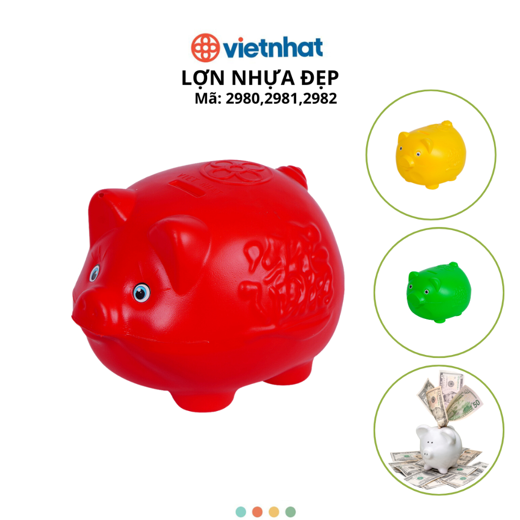 Lợn Nhựa Đút Tiền, Ống tiết kiệm tiền, Lợn nhựa Đẹp 3 Size Chính Hãng VIỆT NHẬT