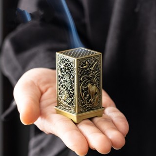 Lư đốt trầm hình trụ vuông Trúc Đào mini, lò đốt xông trầm nhỏ, bình đốt trầm hương bằng kim loại