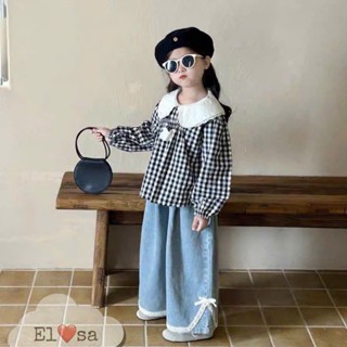 Quần áo bé gái- SET ÁO KẺ BABYDOLL DÀI TAY MIX QUẦN BÒ XUÔNG Siêu Xinh Cho Bé 1-8 Tuổi