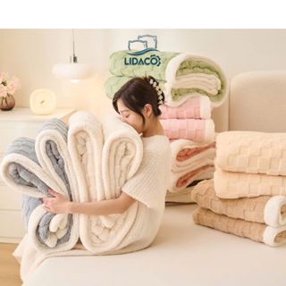 Chăn lông cừu len LIDACO siêu ấm cỡ lớn 2mx2m3 mặt trên len thêu mặt dưới lông cừu kèm túi đựng