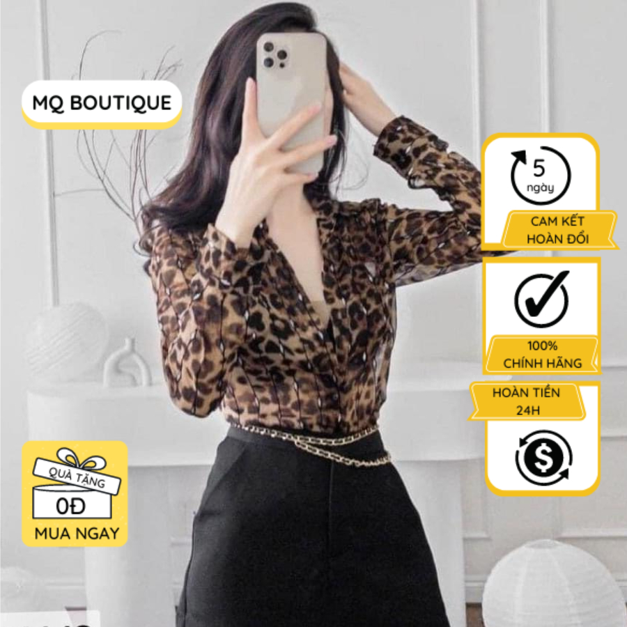  Sơ mi tơ nhũ MQ Boutique nữ dài tay áo sơ mi tơ họa tiết beo nâu dây nhũ mềm họa thiết kế công sở 