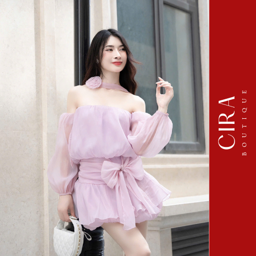 Đầm Dự Tiệc Cúp Tay Phồng Trễ Vai Cột Nơ 3 Màu Bánh Bèo Cira Boutique D0972 - 3 Màu Tím/Hồng/Be