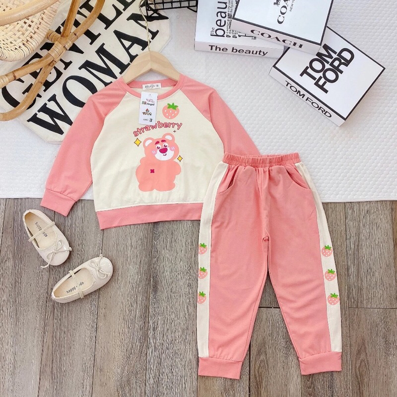 Bộ cotton dài tay bé gái, bộ gấu dâu cho bé, bộ thu đông bé gái size 12-34kg