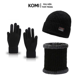 Mũ len KOMI combo 3 món mũ khăn quàng cổ kèm găng tay lót lông giữ ấm mùa đông
