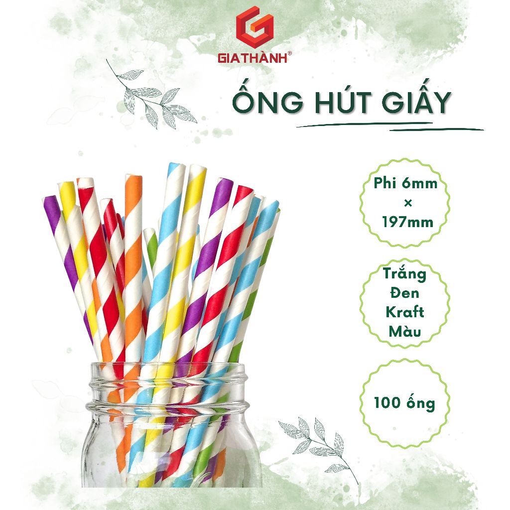 Ống hút giấy phi 6 ×197mm cao cấp nhiều màu (100 ống/ gói)
