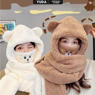 Mũ lông cừu trùm đầu mùa đông YUDA nón len nữ tai gấu kèm khăn quàng cổ dễ thương cute giữ ấm nhiệt đi học đi chơi