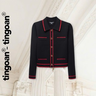 TINGOAN® - Áo len xù cardigan cổ bẻ dáng lửng đen phối đường viền đỏ LILY ROSE JACKET/ĐEN VIỀN ĐỎ