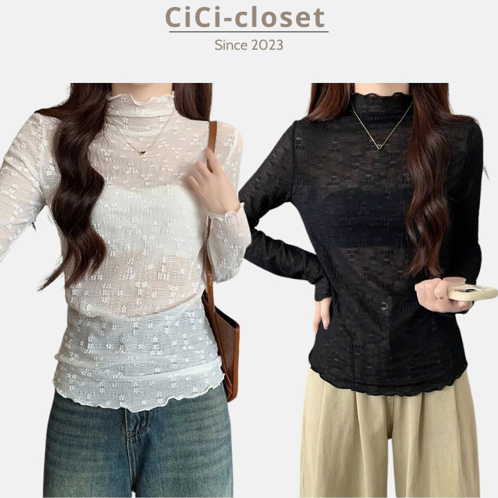 Áo giữ nhiệt cổ leo họa tiết hoa nhí,áo ren xốp mỏng cổ cao viền sóng phù hợp mùa thu đông