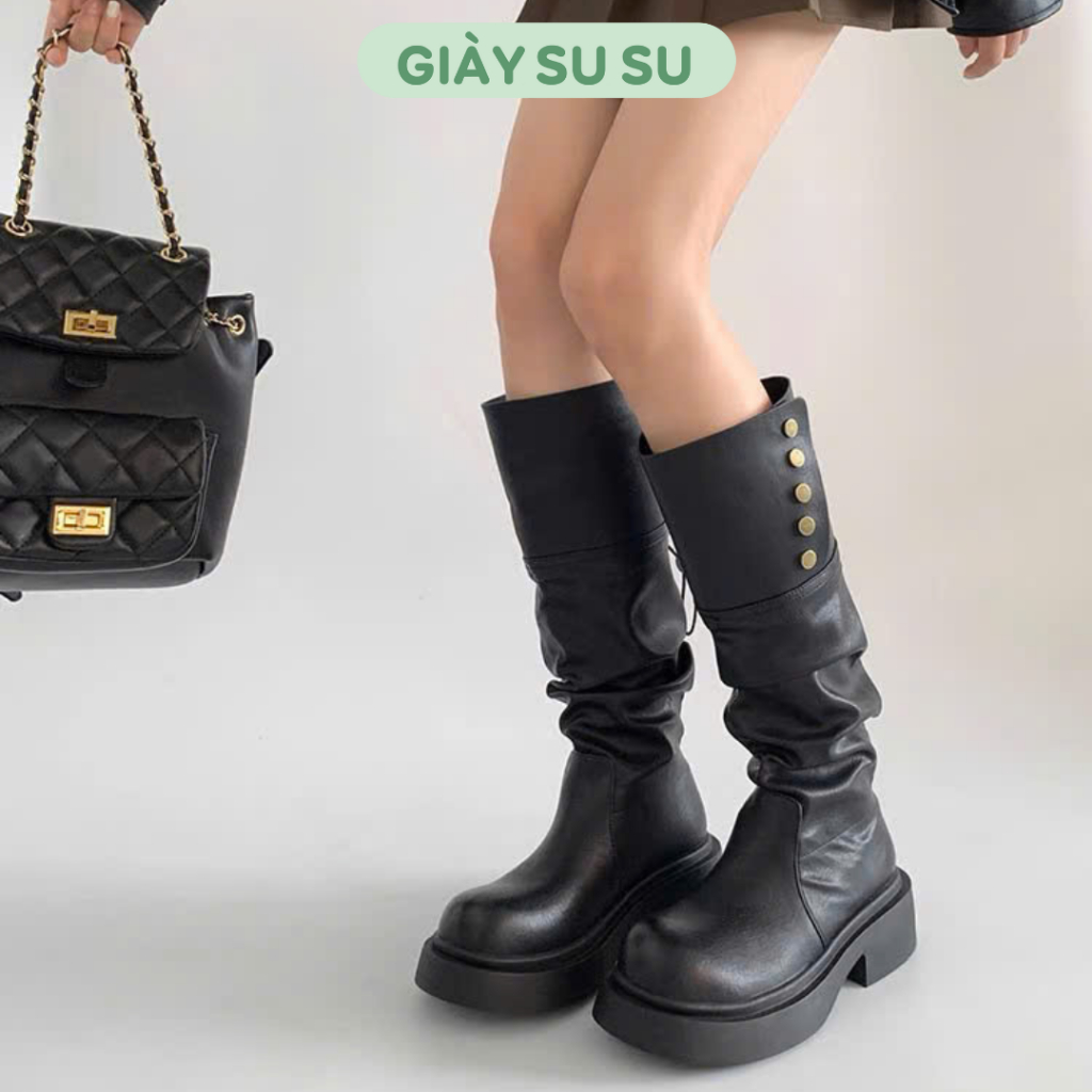 Giày bốt nữ Boot đế dày cao gót 5cm da trơn nâu đen cao cấp phối cúc kim loại phong cách cá tính GD059