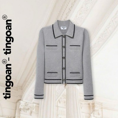 TINGOAN® - Áo len xù cardigan cổ bẻ dáng lửng xám phối đường viền đen LILY ROSE JACKET/GR