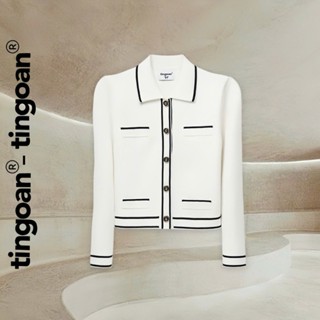 TINGOAN® - Áo len xù cardigan cổ bẻ dáng lửng trắng phối đường viền đen LILY ROSE JACKET/WH