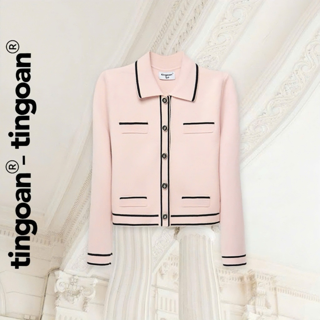  TINGOAN® - Áo len xù cardigan cổ bẻ dáng lửng hồng phối đường viền đen LILY ROSE JACKET PK 