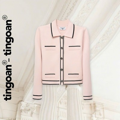TINGOAN® - Áo len xù cardigan cổ bẻ dáng lửng hồng phối đường viền đen LILY ROSE JACKET/PK