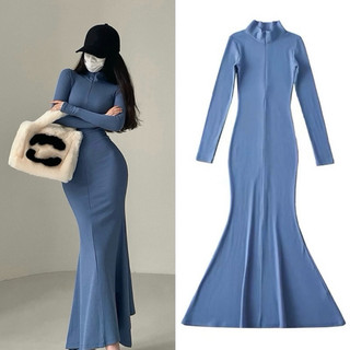 ( ORDER ) ( SẴN XANH L ) Đầm Body Dài Tay Đuôi Cá Cổ Trụ Khoá Kéo