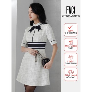 Đầm nữ FACI Julien Dress Vổ Tàu Đính Nơ, Chất Dạ Tweed Kẻ Phối Đai Eo Hai Lớp Lót Lụa FV23021