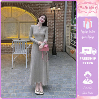  Váy nữ midi dài tay len tăm đũa cúc cổ HCOM2756 đầm nữ dáng dài xòe thiết kế ôm body tôn dáng siêu xinh YuuMi Style 