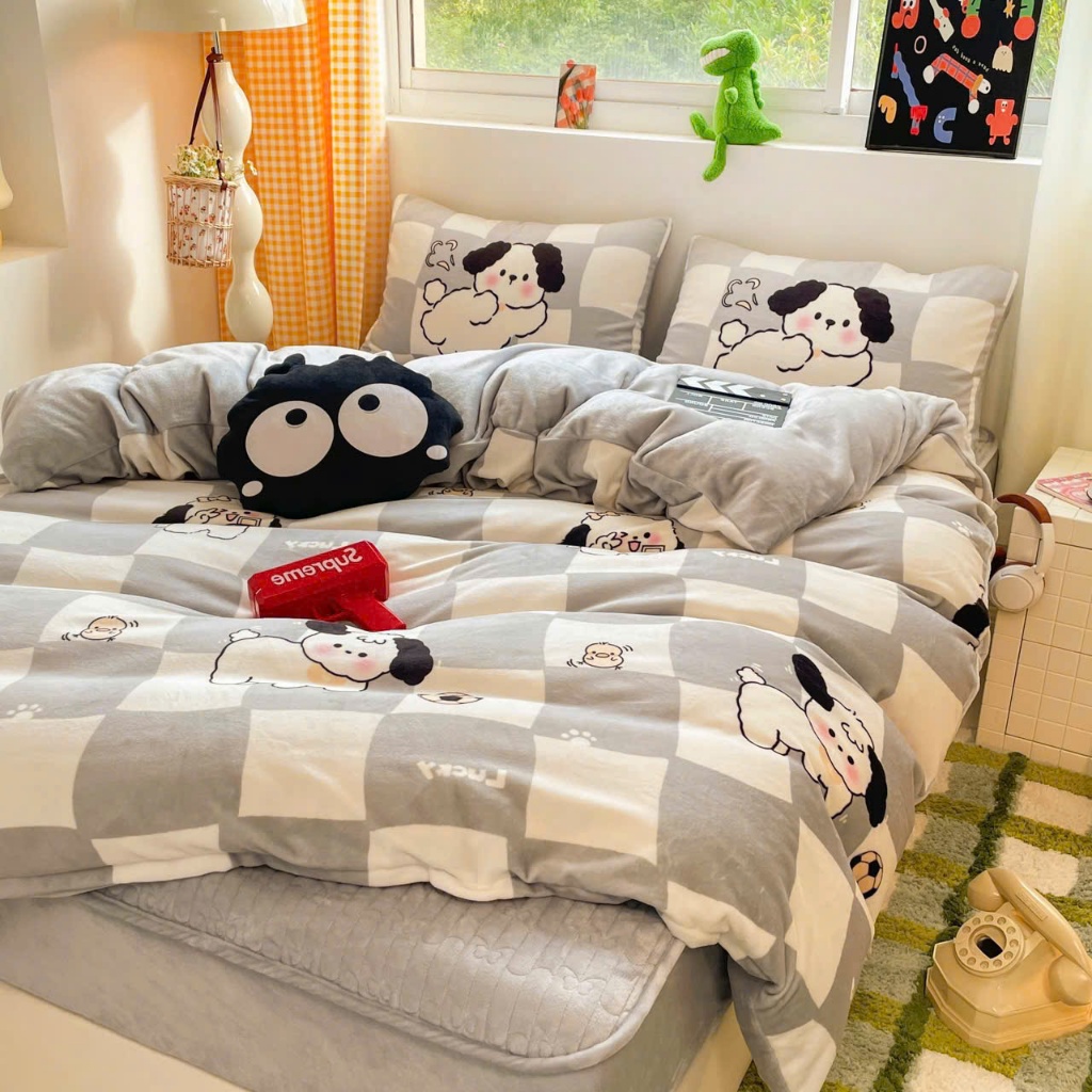 Bộ Ga giường và vỏ gối và vỏ chăn nỉ nhung sữa nhập khẩu cao cấp bọc đệm chống tích điện công nghệ m