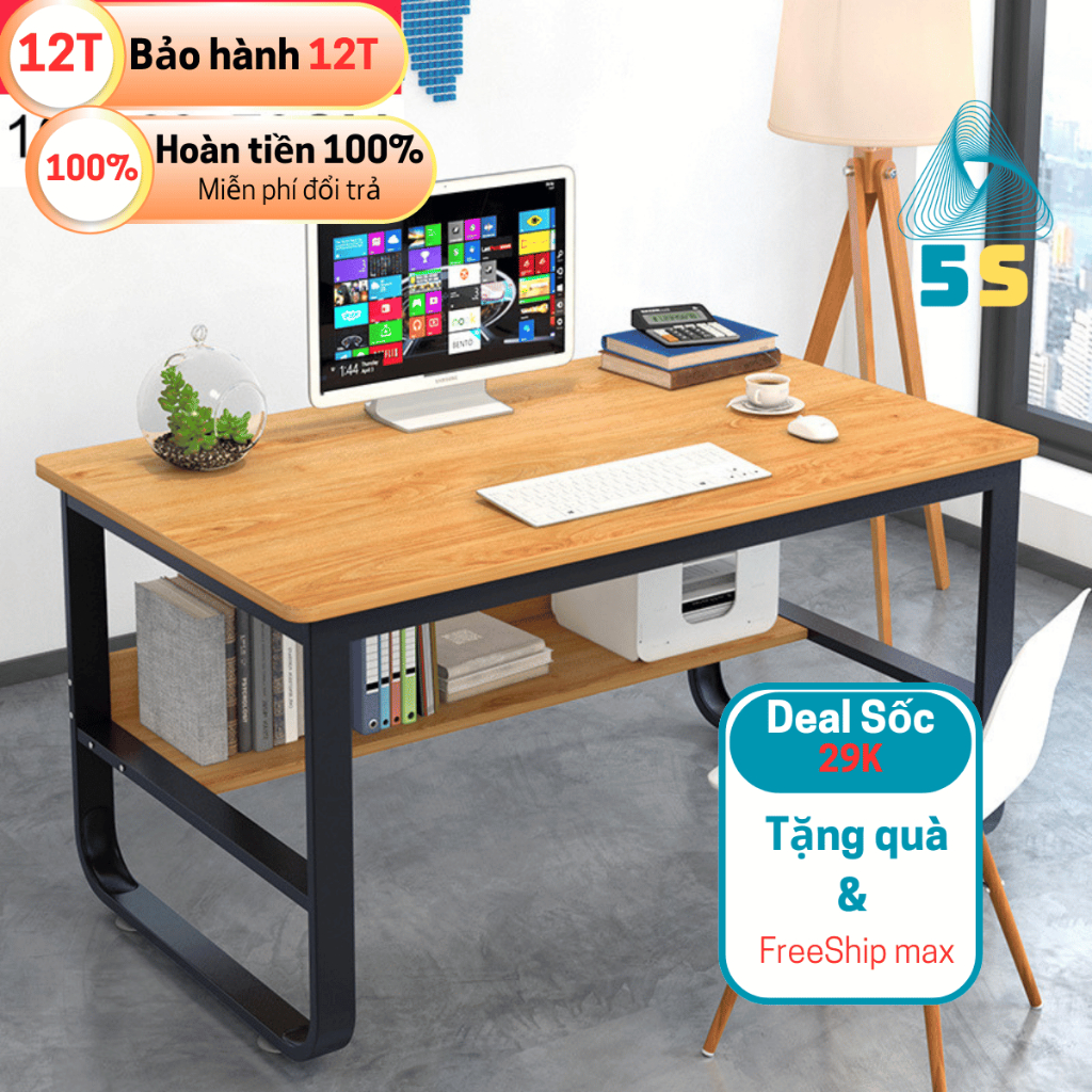 Bàn Học Sinh Viên Có Kệ Lửng – Chân Sắt Cong Sơn Tĩnh – Mặt Gỗ MDF 15mm – Chịu Tải 200kg