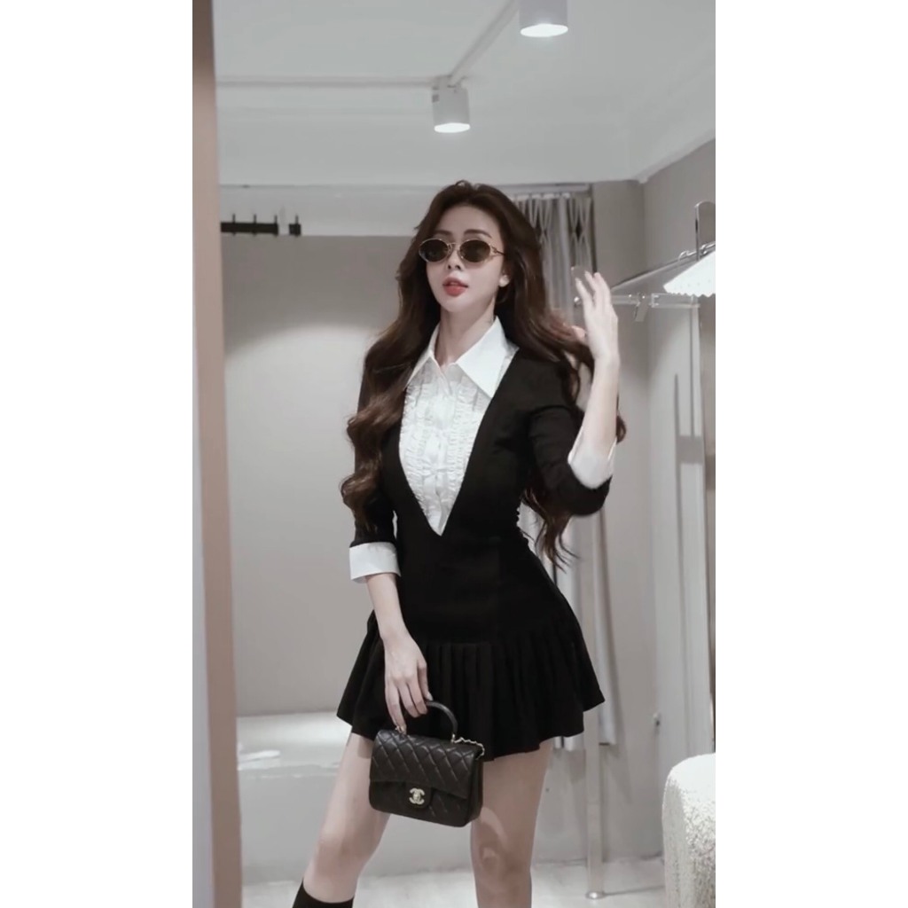 Đầm váy nữ cổ sơ mi phối bèo mix dài tay len chân váy xòe dáng ngắn, Váy dài tay mix cổ sơ mi TỰ MAY LẠI THUYVAN u1