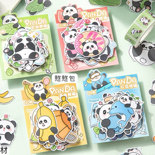 Set túi 30 sticker hình dán tách sẵn fubao panda gấu trúc