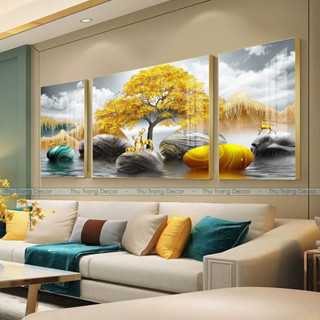  Bộ 3 Tranh Tráng Gương Treo Tường "HƯƠU TÀI LỘC" In UV 5D Cao Cấp Phong Cách Hiện Đại 
