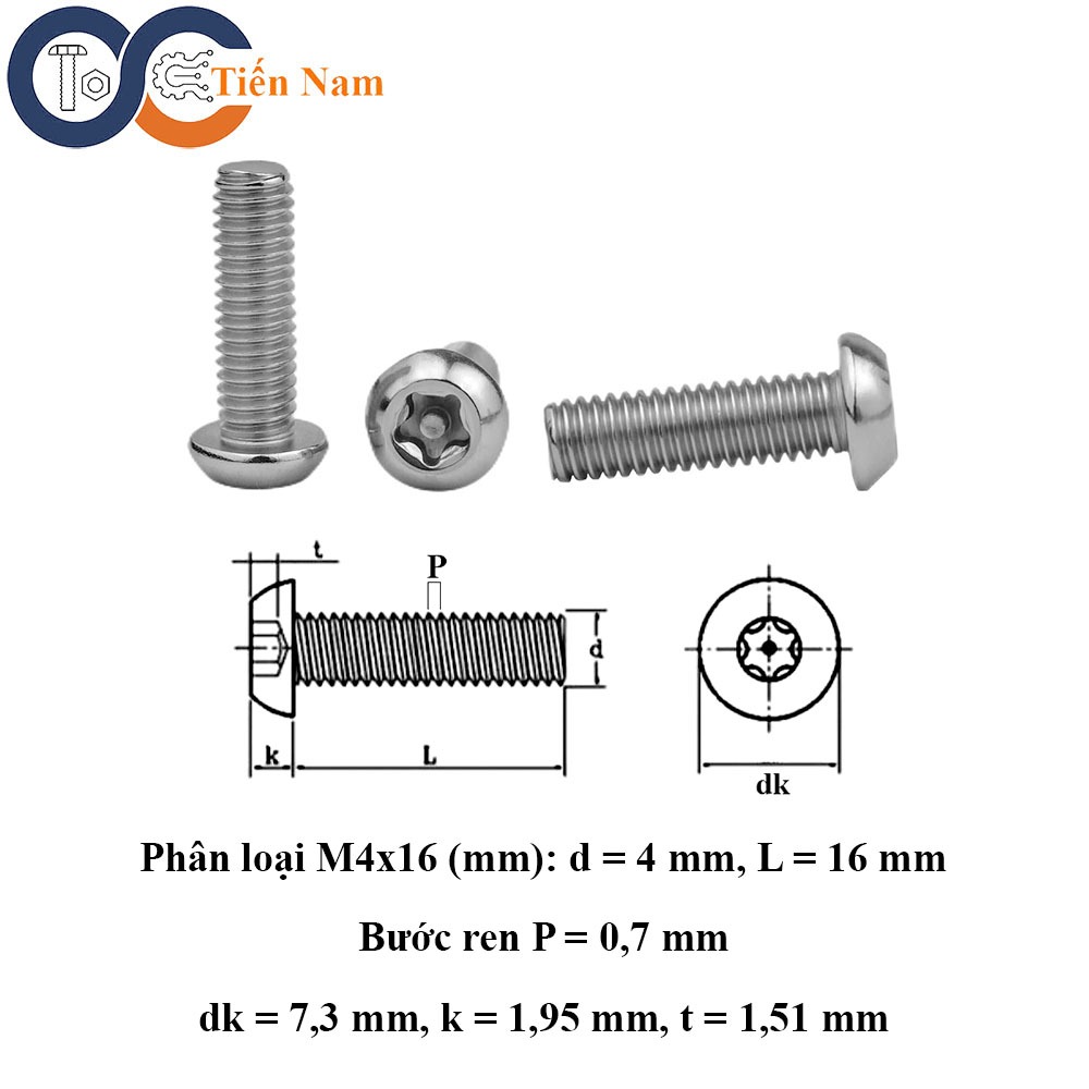 Vít hoa thị 6 cạnh có chốt đầu dù inox 304 M4x16 - túi 10 con
