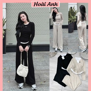 Set Bộ Đồ Nữ Len THỏ Áo Dài Tay Dây Rút Eo Phối Trắng Tag Miumiu Mix Quần Suông Dài Ống Rộng Freesize