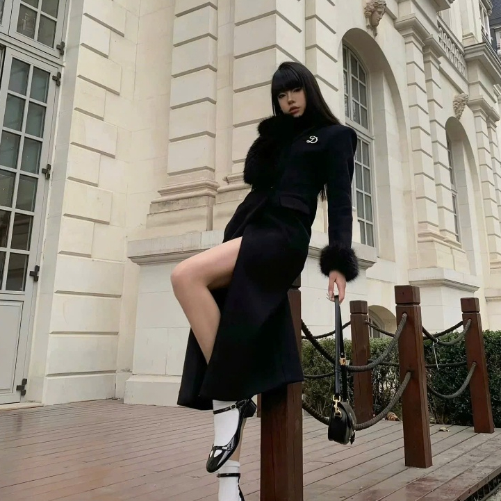 SA011 Áo khoác dạ mangto dáng dài phong cách cổ áo tay áo phối lông sang chảnh phong cách