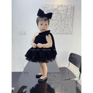 Váy nhung đen đính đá tặng kèm bờm dự tiệc thôi nôi cao cấp cho bé gái