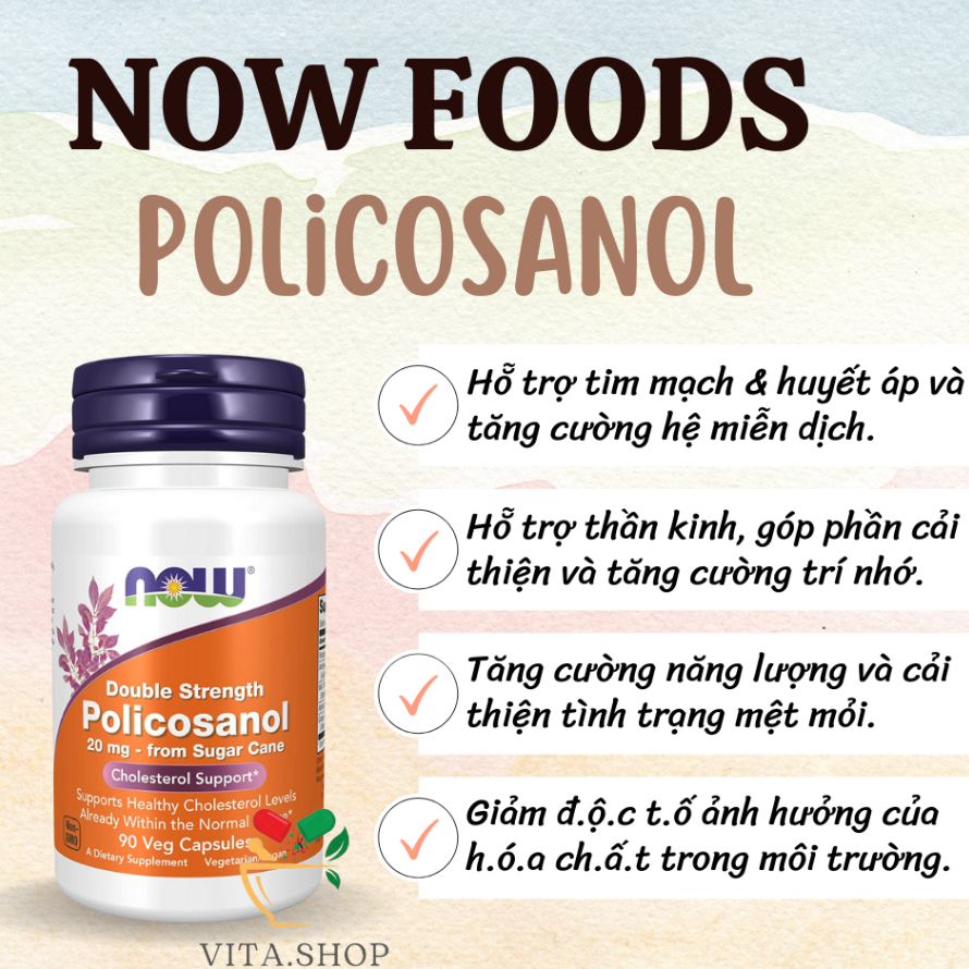 Now Foods Double Strength Policosanol 20mg - Viên uống hỗ trợ tim mạch, giảm cholesterol 90 viên