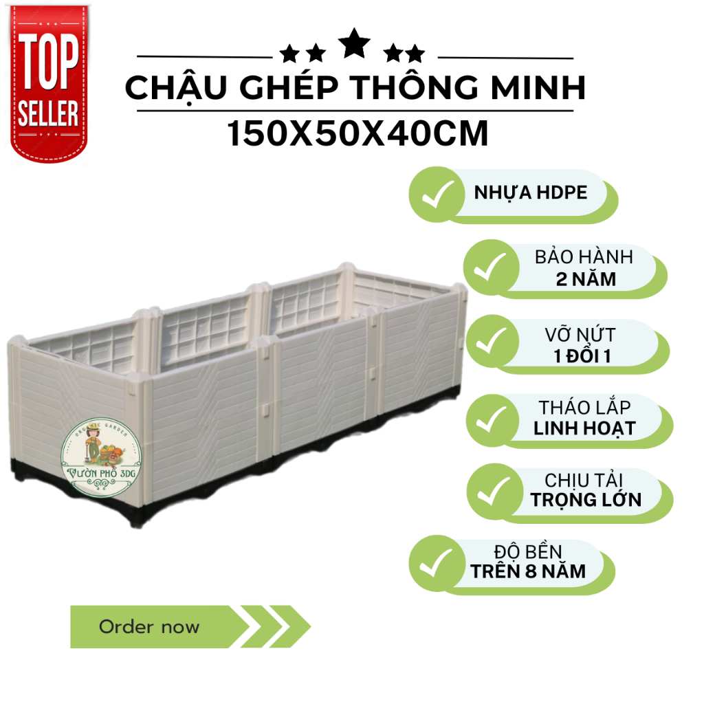 Chậu ghép thông minh HDPE, Chậu trồng rau, Chậu trồng cây kích thước 150x50x40cm mầu Ghi- Trắng