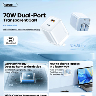 Cốc sạc nhanh remax rp-u182 chuẩn cn 1 cổng usb 1 cổng type c qc3.0 pd max 70w công nghệ gan